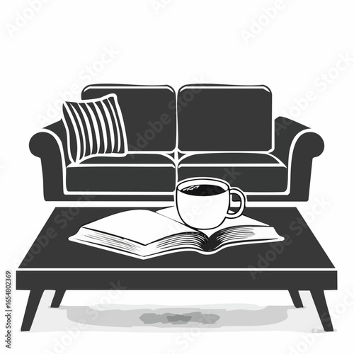 Coffee Mug and Book on a Table in Front of a Soft Comfortable Sofa image vector.