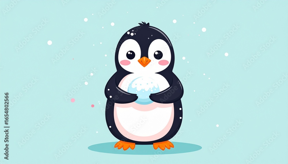 Naklejka premium A charming penguin holds a snowball against a soft teal backdrop, creating a cheerful winter scene.