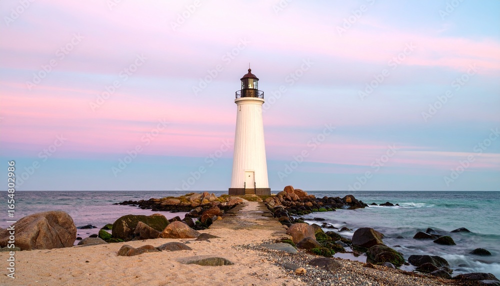 Naklejka premium A serene lighthouse stands sentinel on a tranquil coastline at twilight, bathed in soft pastel hues.