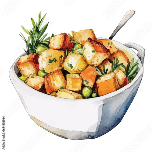 Watercolor depiction of savory croutons with herbs and olives in a bowl