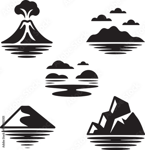 Set of five black silhouette landscape icons on white background volcano mountain
