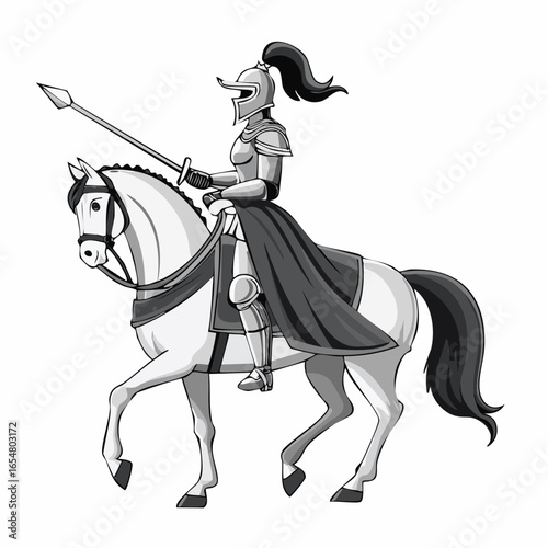 Medieval Warrior Woman Riding a Horse, Ready for Battle image vector on white background.