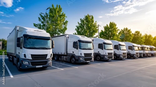 Fleet of White Trucks Parked in a Row at Sunset