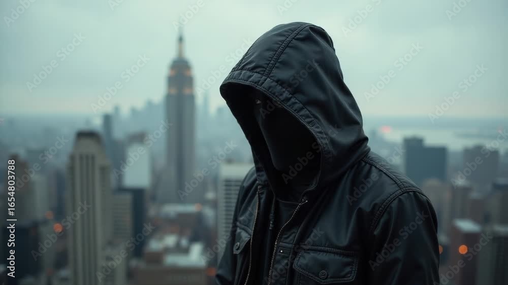 A person wearing a hooded sweatshirt stands in front of a city skyline, possibly waiting for something or someone A person wearing a hooded sweatshirt stands in front of a city skyline, possibly waiting for something or someone