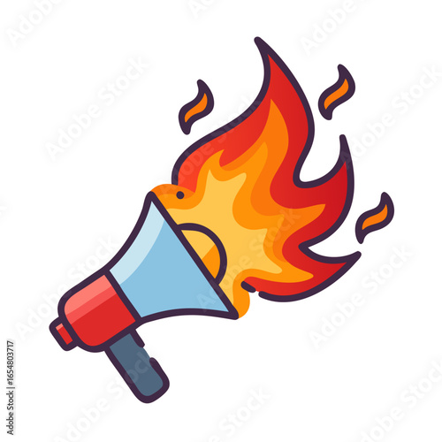 A fiery megaphone engulfed in flames, symbolizing political outrage and heated rhetoric.