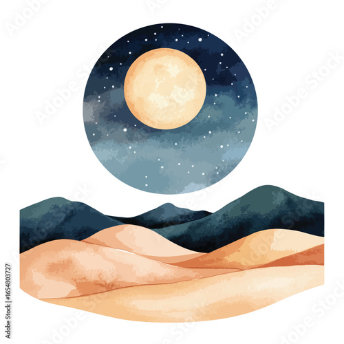 Watercolor Desert Landscape with Full Moon and Starry Night Sky