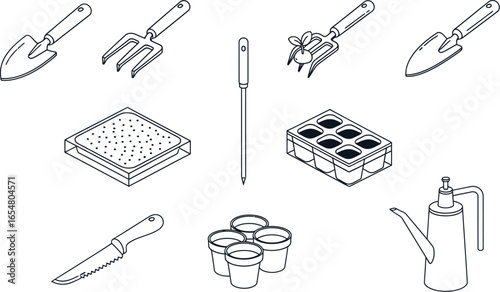 Gardening tools illustrated in black and white for planting seeds and plants