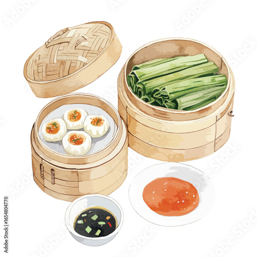 Watercolor Dim Sum Steamed Buns Greens and Sauces in Bamboo Steamers