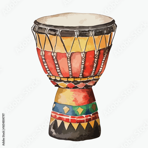 Watercolor Djembe Drum with Colorful Patterns and Unique Design Details