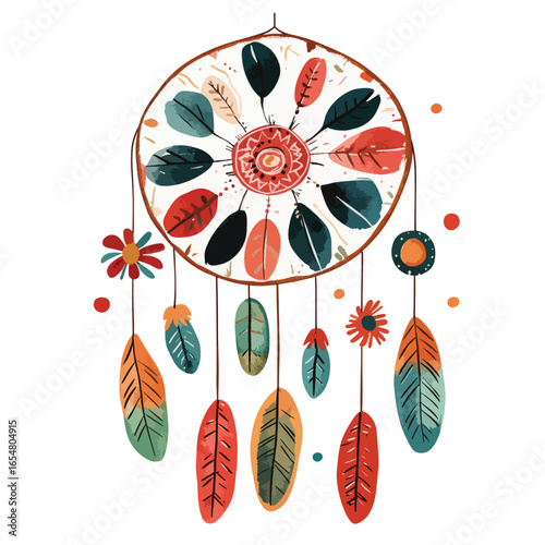 Watercolor Dreamcatcher with Colorful Feathers and Floral Accents