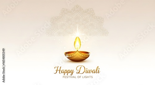 A single golden diya lamp with a bright flame and sparkling particles, isolated on white background, with happy diwali text, symbolizing the festival of lights and prosperity