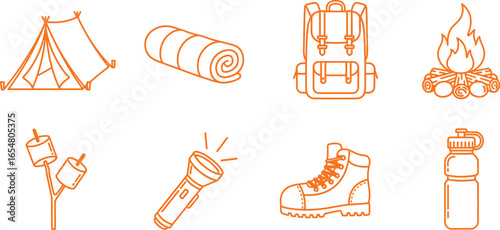 Camping essentials and outdoor adventure icons for travel or hiking designs