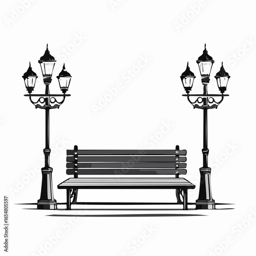 Wooden Park Bench with Street Lamps image vector isolated on a white background