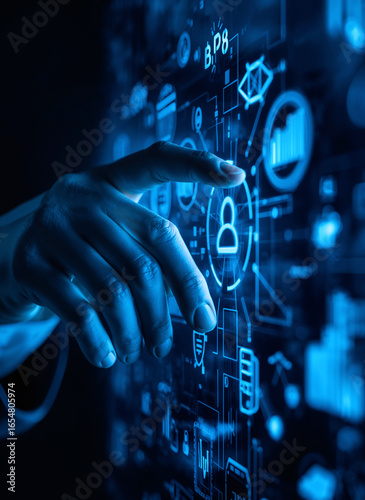 Concept of cybersecurity and personal data protection. A finger presses a user profile icon on a holographic screen for identity authentication and secure access.