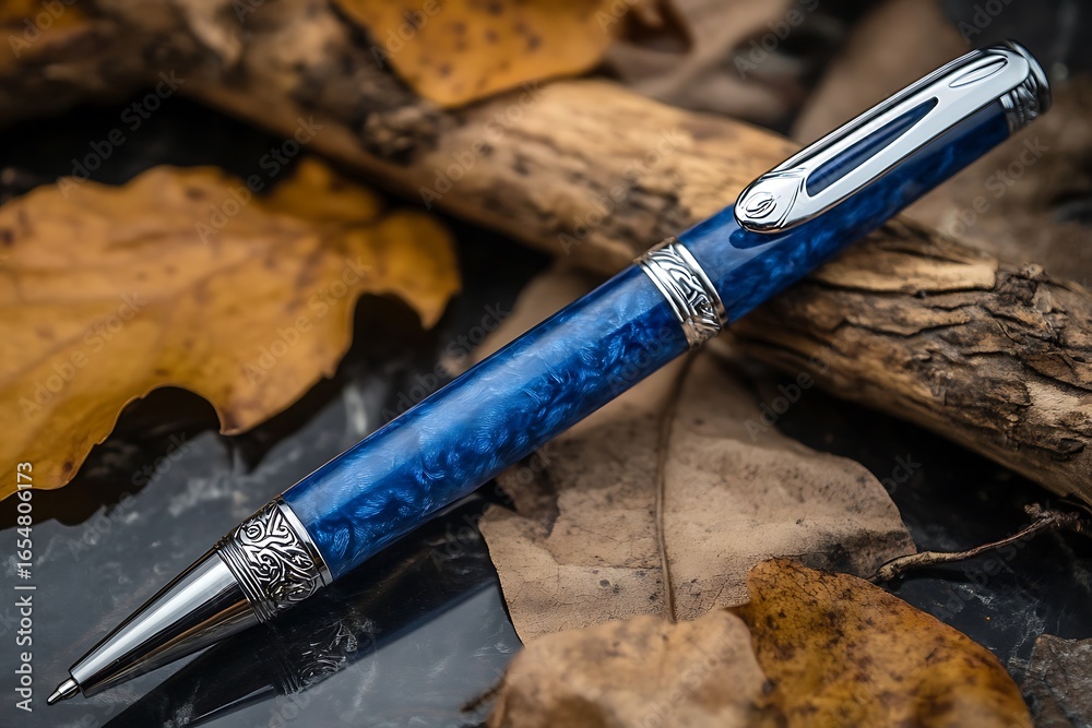 Naklejka premium Elegant Blue Resin Pen with Silver Accents on Natural Autumn Leaves Setting