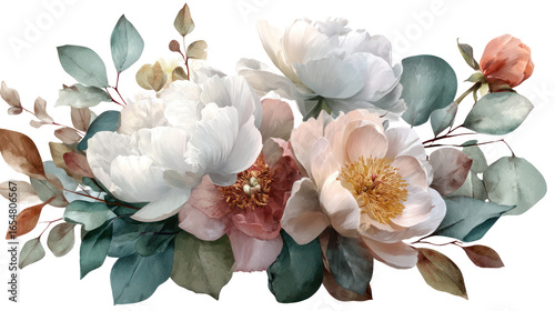 Fototapeta Naklejka Na Ścianę i Meble -  Pastel watercolor floral bundle with soft peonies and daisies on transparent background