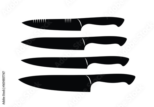 Set of four black kitchen knives isolated on white background
