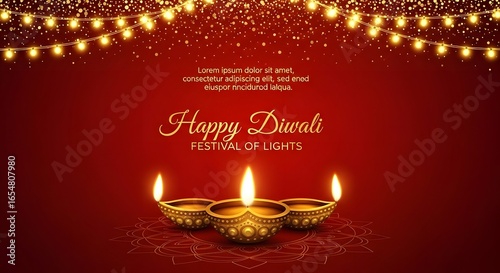 Happy diwali festival of lights with glowing traditional oil lamps and festive golden string lights on a rich red background, symbolizing joy and prosperity