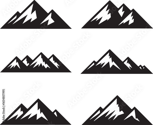 Six black silhouette mountain range icons on white background mountains peak