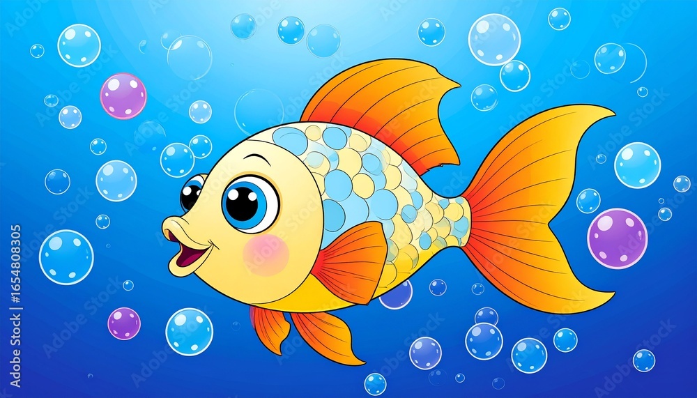 Naklejka premium A cheerful cartoon fish with vibrant colors swims amidst colorful bubbles in an underwater scene.
