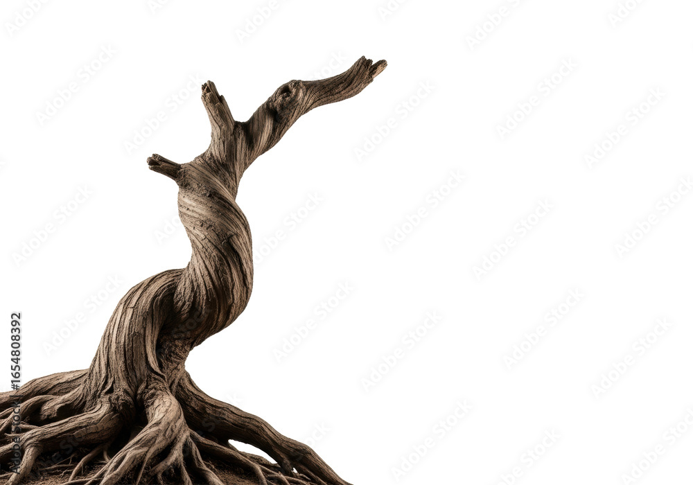 Fototapeta premium Ancient, gnarled tree roots, dark earthen brown with rough textured bark, twisting powerfully upwards against a transparent background with copy space, macro studio shot, concept of enduring growth