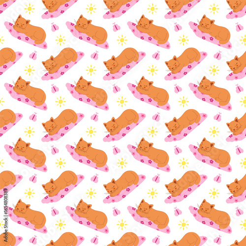 Seamless pattern with cute cat, sun, butterfly, inflatable mattress.