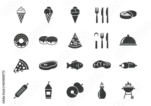 Collection of food icons including ice cream, donuts, pizza, steak, fish, and barbecue, isolated on white background