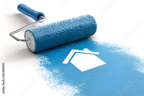 Paint roller painting a house icon blue home renovation