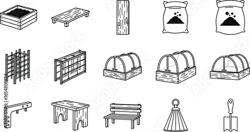 Outlined garden tools and structures for planting and outdoor projects