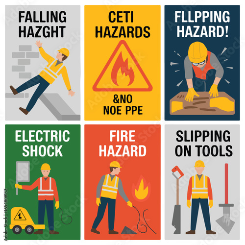 Illustration of six different hazard signs showing various workplace safety warnings and precautions