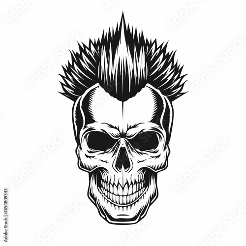 Skull with mohawk and spiked hair in a retro style image vector isolated on white background.