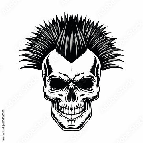 Skull with mohawk and spiked hair in a retro style image vector isolated on white background.