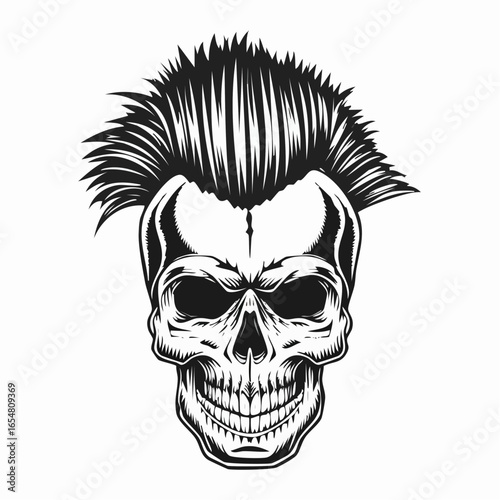 Skull with mohawk and spiked hair in a retro style image vector isolated on white background.