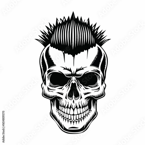 Skull with mohawk and spiked hair in a retro style image vector isolated on white background.