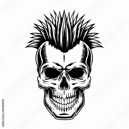 Skull with mohawk and spiked hair in a retro style image vector isolated on white background.
