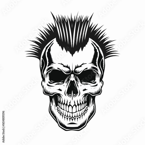 Skull with mohawk and spiked hair in a retro style image vector isolated on white background.