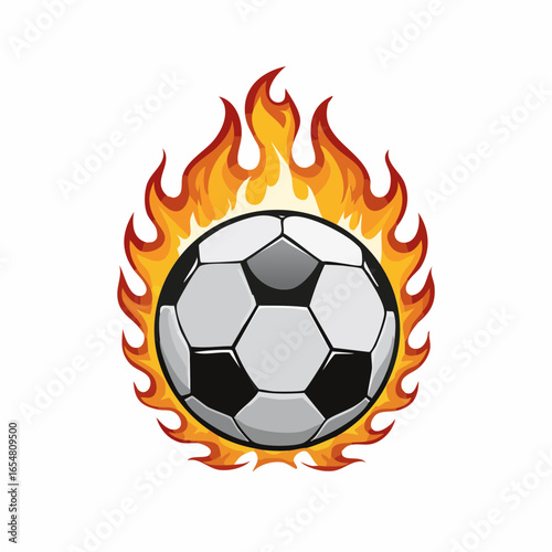 Soccer ball on fire flames Monochrome vector illustration om white background.