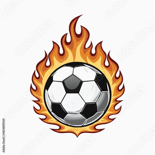 Soccer ball on fire flames Monochrome vector illustration om white background.