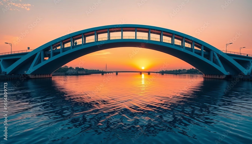 Naklejka premium Elegant arch bridge spanning calm blue water, sunset sky reflection, perspective, seascape
