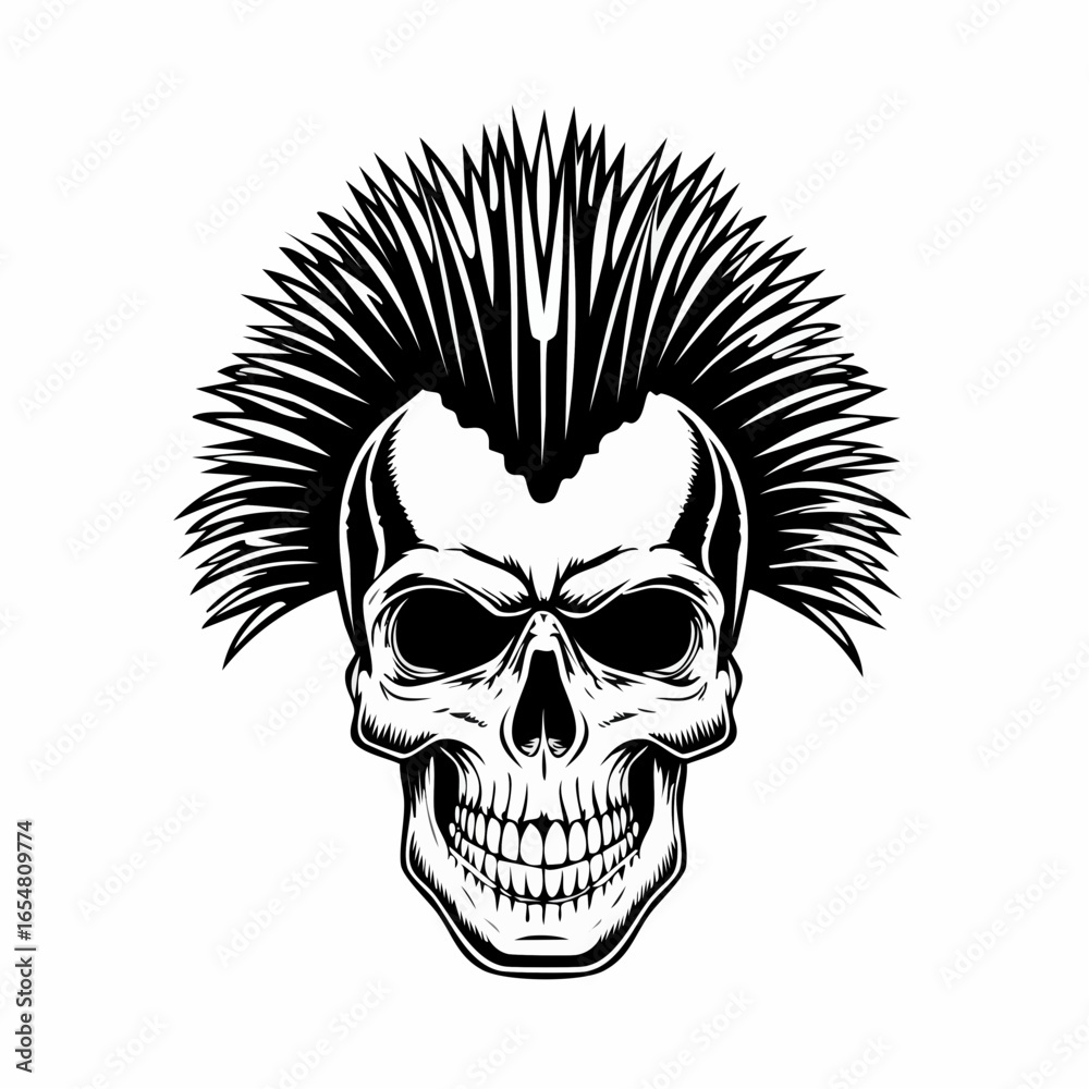 Fototapeta premium Punk music Skull with a mohawk hairstyle vector illustration isolated on white background.