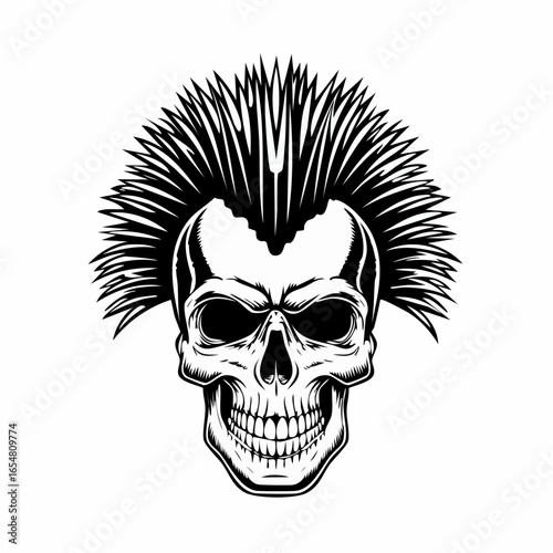 Punk music Skull with a mohawk hairstyle vector illustration isolated on white background.