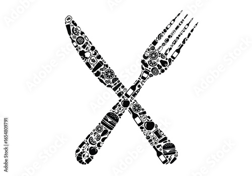 Crossed knife and fork icons made of food illustrations isolated on white background