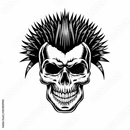 Punk music Skull with a mohawk hairstyle vector illustration isolated on white background.