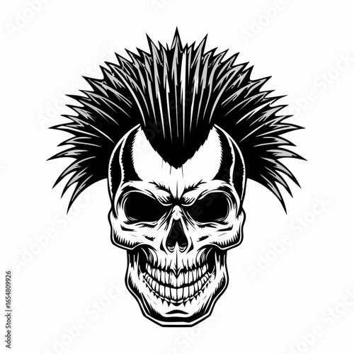 Punk music Skull with a mohawk hairstyle vector illustration isolated on white background.