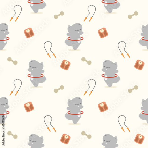 Hippopotamus play hula hoop cartoon so cute. On dumbbell weighing scale jump rope background. Pattern seamless vector illustration. 
