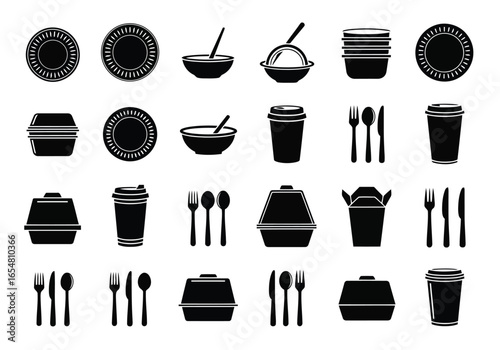 Collection of black and white icons for dining and takeaway food service, isolated on white background