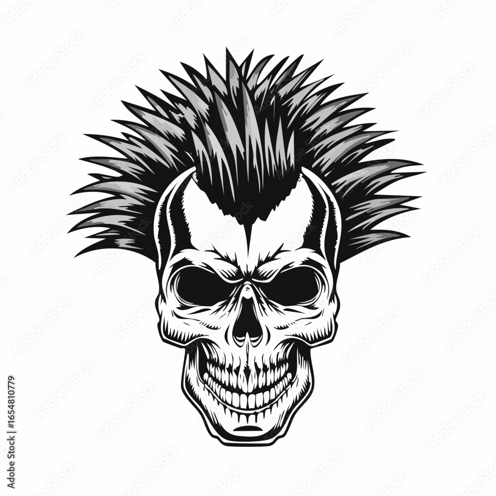 Fototapeta premium Punk music Skull with a mohawk hairstyle vector illustration isolated on white background.