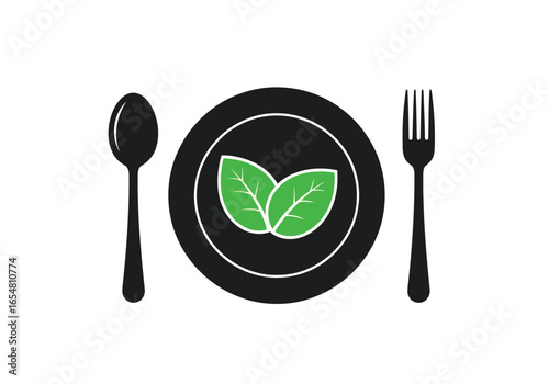 Minimalist icon of a plate with leaves, spoon, and fork