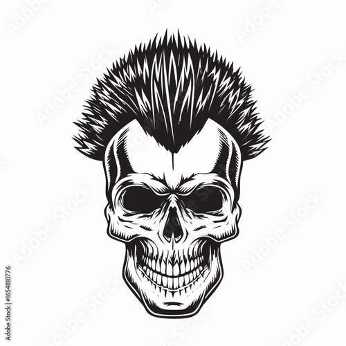 Punk music Skull with a mohawk hairstyle vector illustration isolated on white background.