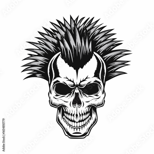 Punk music Skull with a mohawk hairstyle vector illustration isolated on white background.